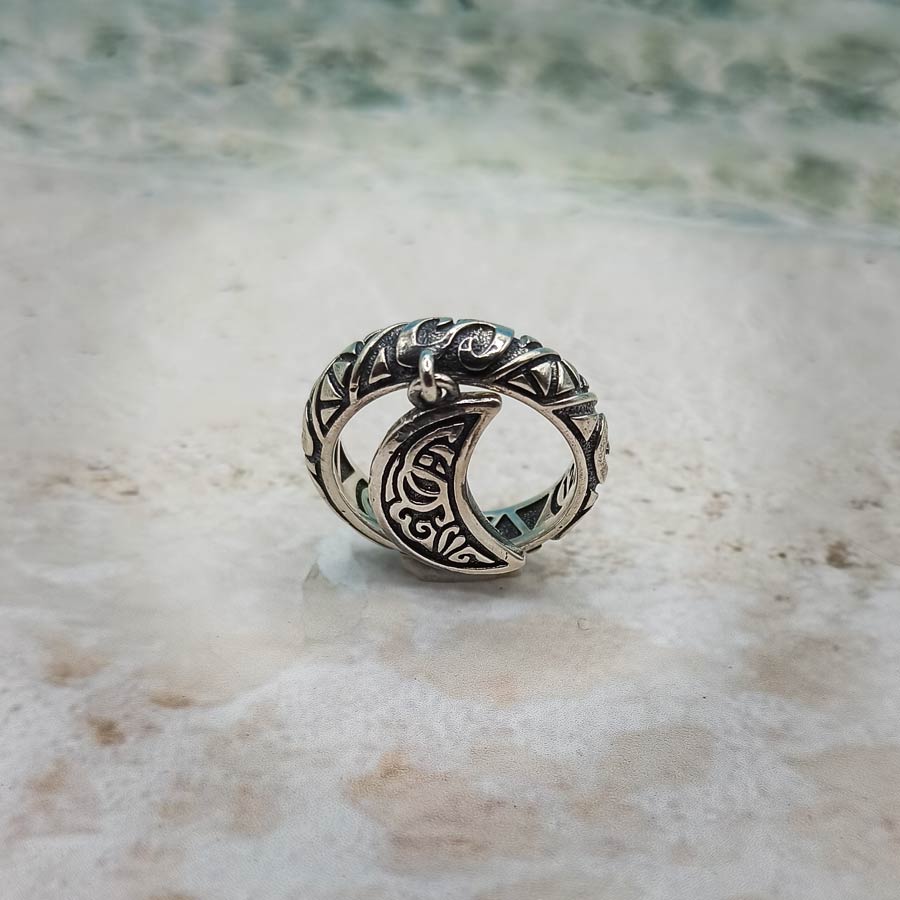  anello onde mare in argento 925 con pendente luna,lavorazioni artigianali in stile maori