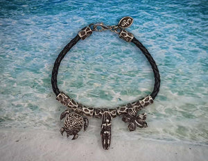 bracciale surf tartaruga maori argento925 handmade cinturino inpelle nera